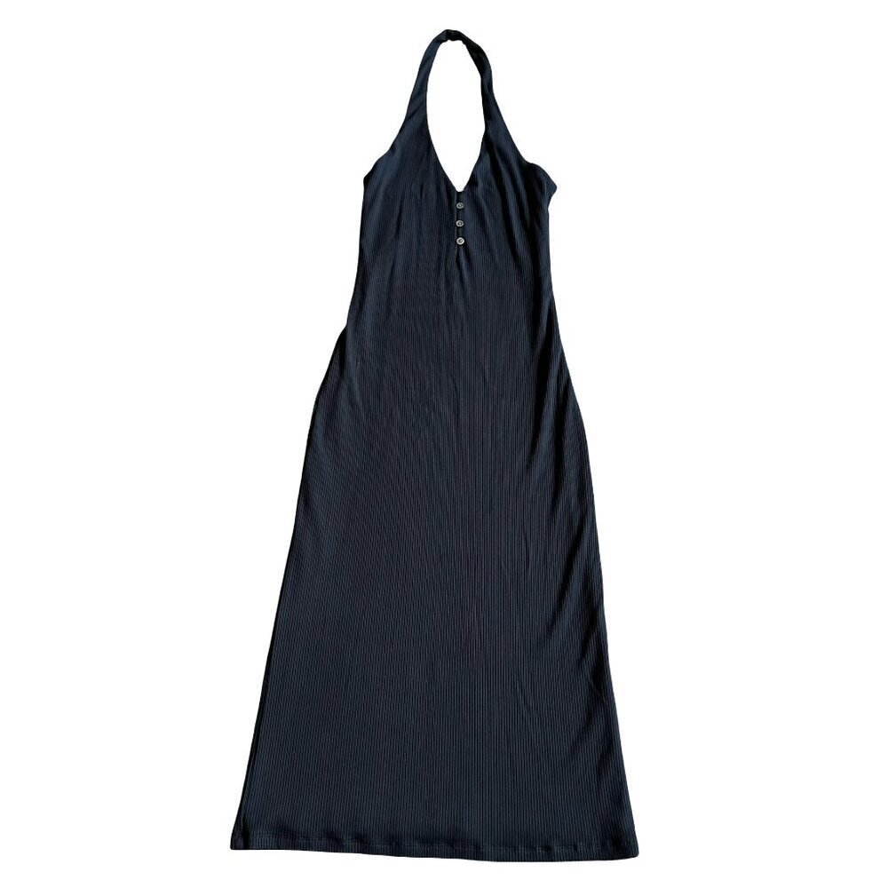Wilfred Black Ribbed Stretch Halter Dress Midi Length Henley Size Small Women's